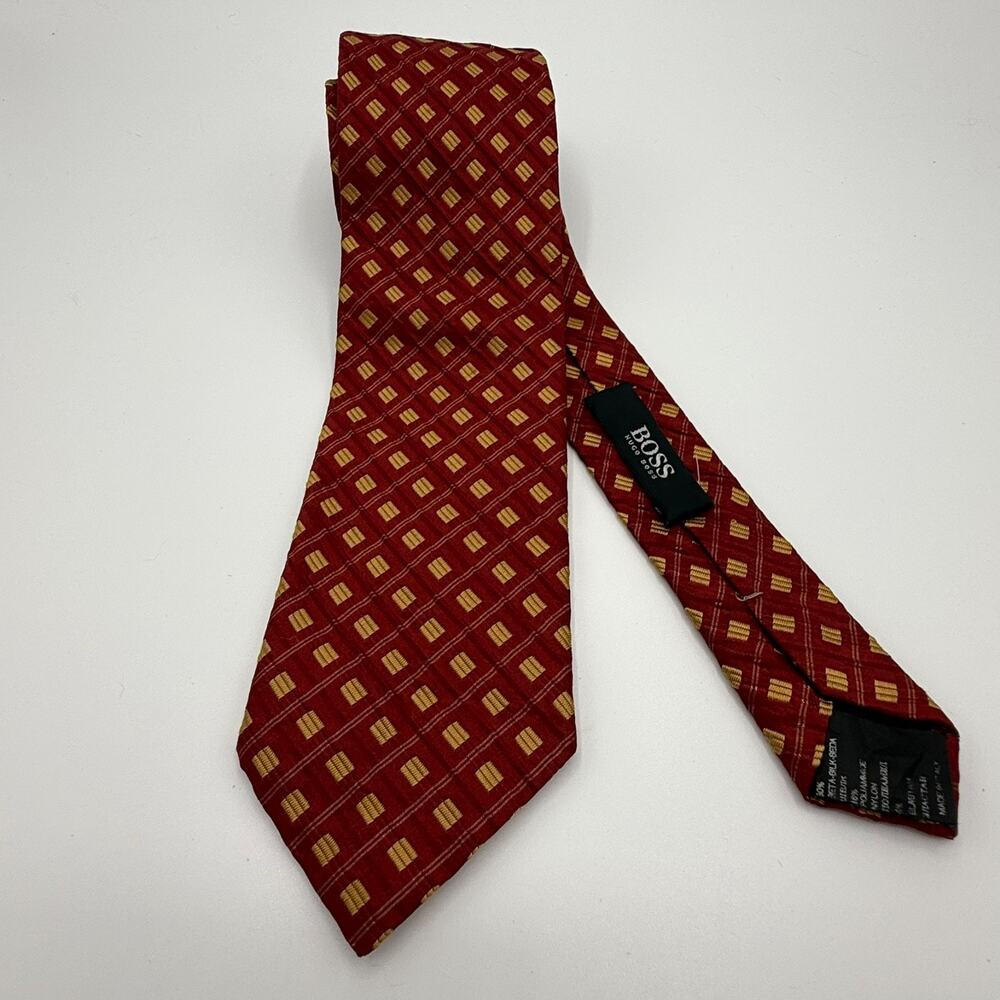 Boss Hugo Boss Silk Blend Tie Men 58" X 3.5" Wine Gold Geometric Pattern Classic